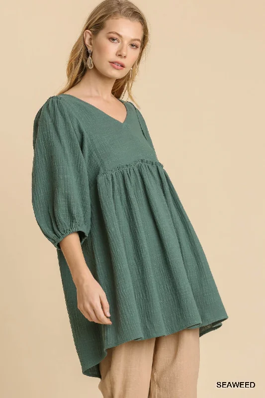 Gauze Slub V-neck Frayed Edge Detail Tunic Dress Tunics Timeless classic