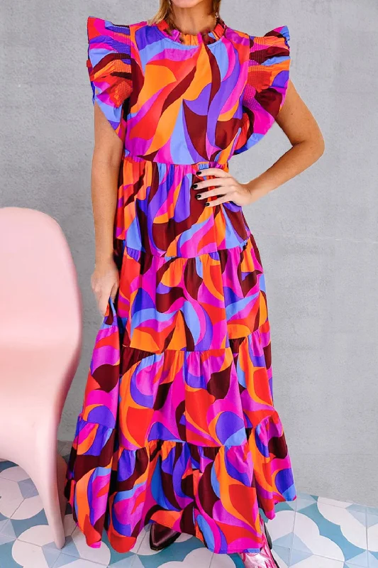 Printed Ruffled Mock Neck Tiered Dress Shift Classic Vintage