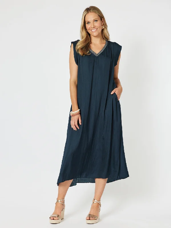 Traveller Luxe V Neck Dress - Navy Tunics Sophisticated sleek