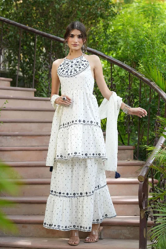 Juniper Off-White Cotton Dobby Kurta Skirt & Dupatta Set With Thread & Mirror Work Embroidery cashmere skirt fine