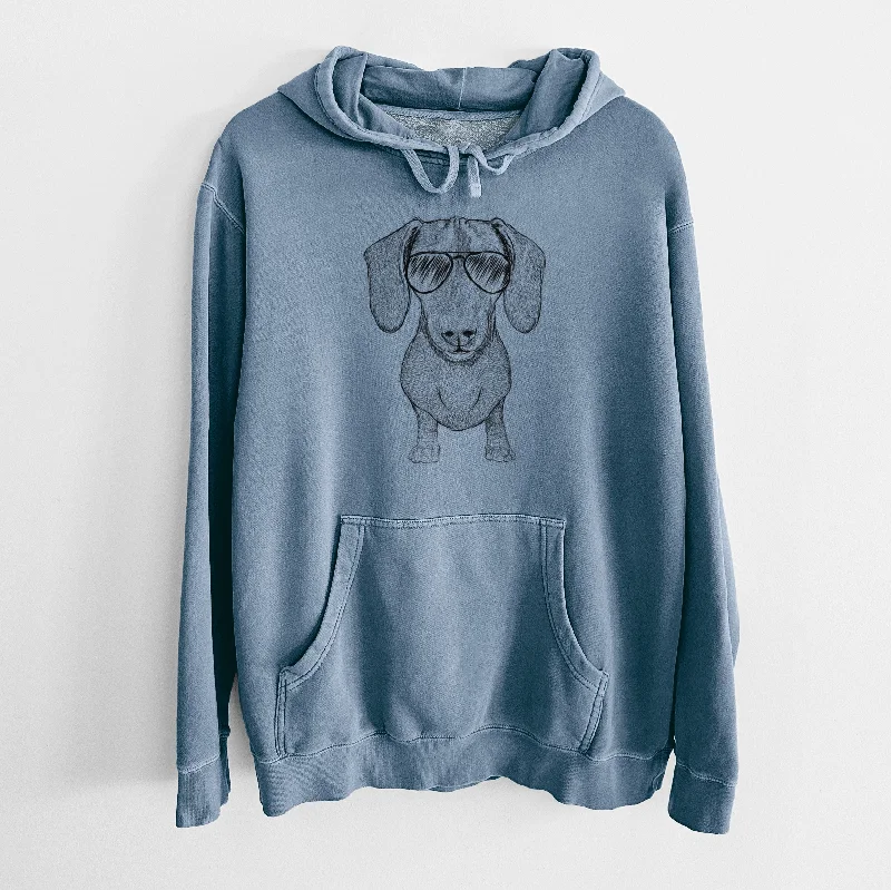 Aviator Ernie the Mini Dachshund - Unisex Pigment Dyed Hoodie Hoodie with Hem Contrast Bold Stylish