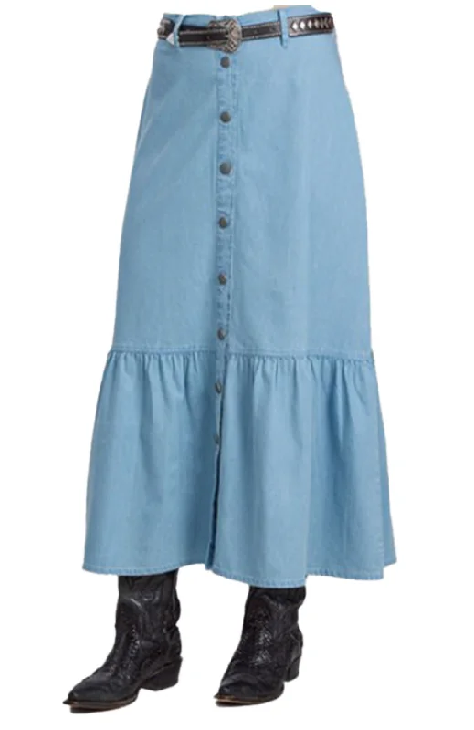 Solid Light Denim Button Skirt ruffled skirt detail