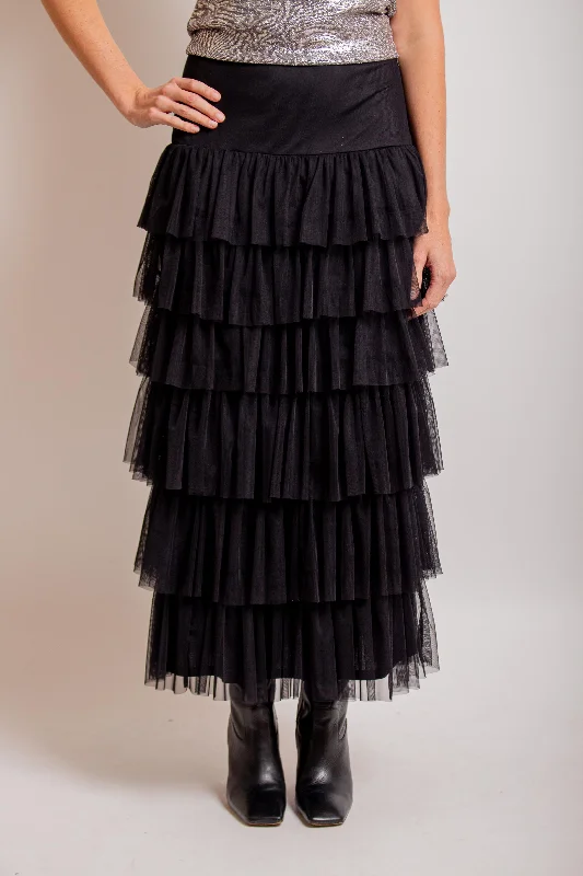 Black Broom Ruffle Skirt elastic waist skirt