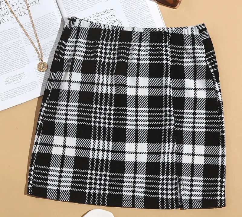 Slit Hem Plaid Skirt casual skirt length