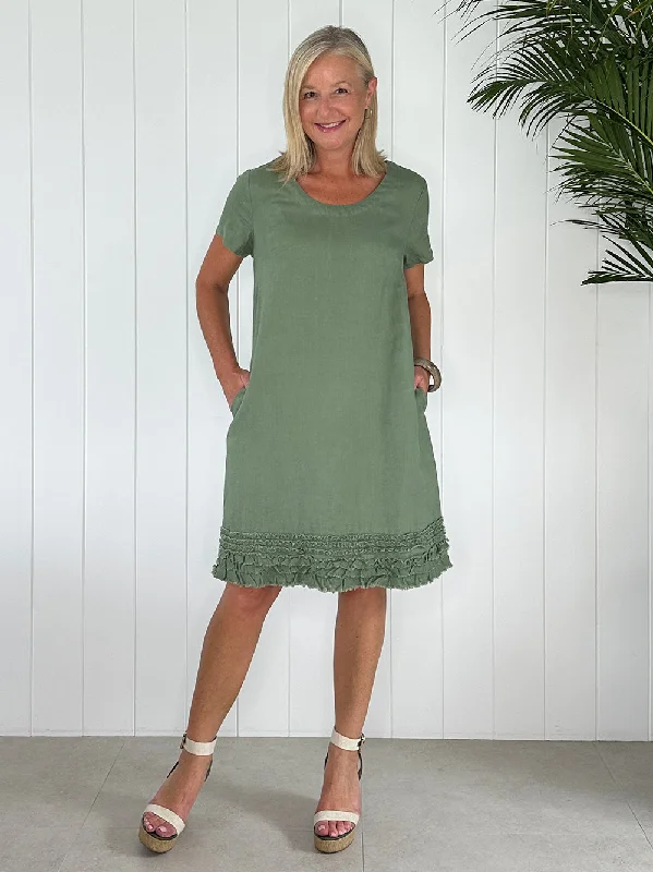 Linen Ruffle Hem Dress - Khaki Tunics Gym athletic