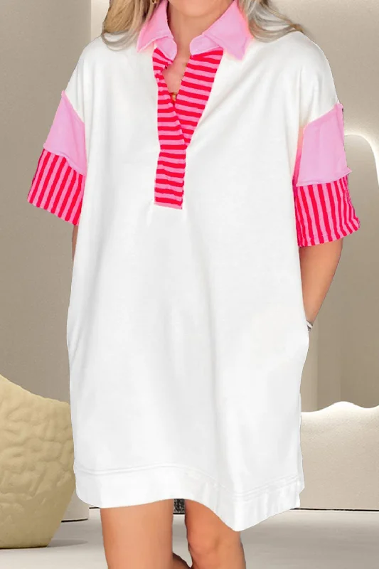 Vivi Color Block Johnny Collar Half Sleeve Dress Tunics Prom sequined