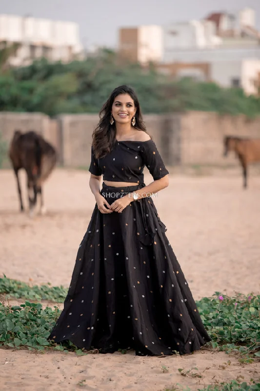 Black Dupion Skirt Set with One-side Shoulder tiered skirt playful