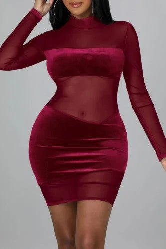 Burgundy Sexy Solid Split Joint See-through Mesh Half A Turtleneck Mini  Dresses Tunics Corduroy durable