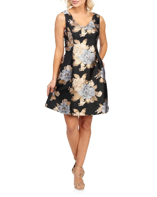 Floral Gold & Silver Fit & Flare  Evening Dress by Donna Rocco Tunics Chinos classic