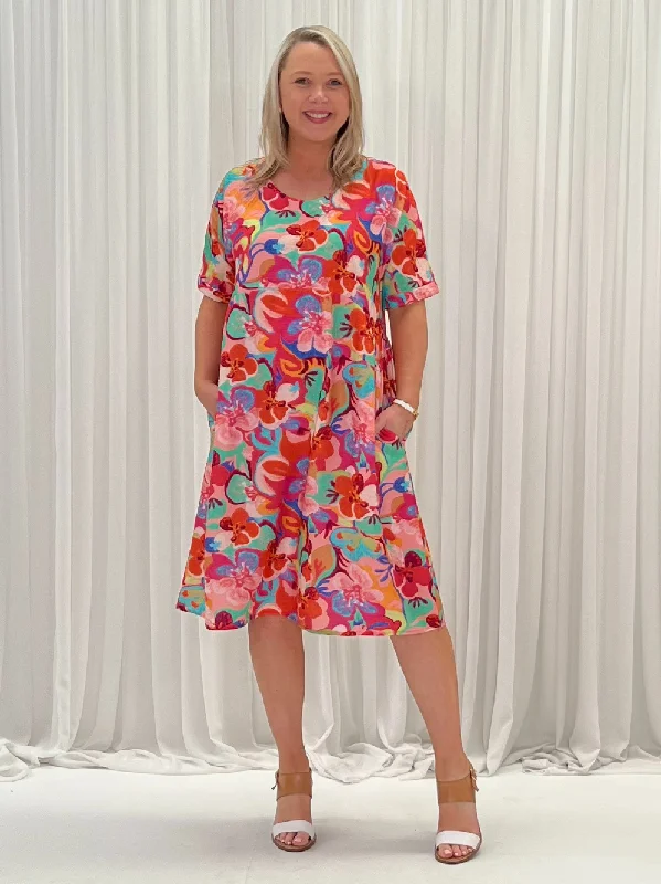 Garden Party Floral Dress - Hot Pink Tunics Satin smooth
