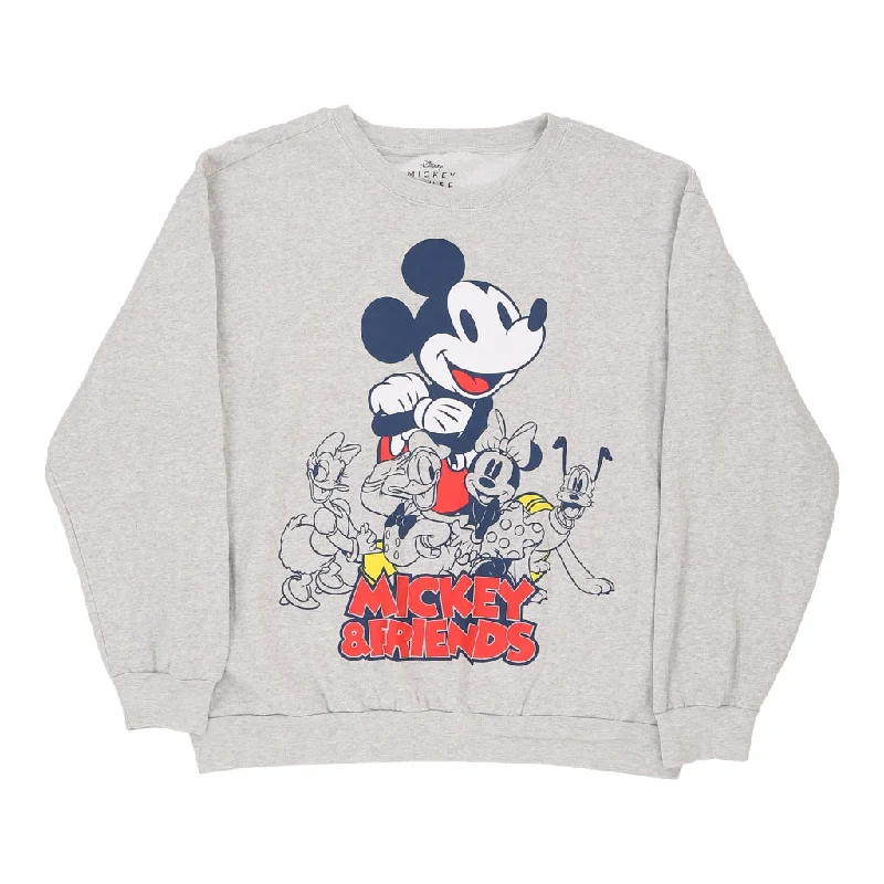 Mickey & Friends Disney Cartoon Sweatshirt - 2XL Grey Cotton Blend Hoodie with Drop Shoulder Relaxed Streetwear
