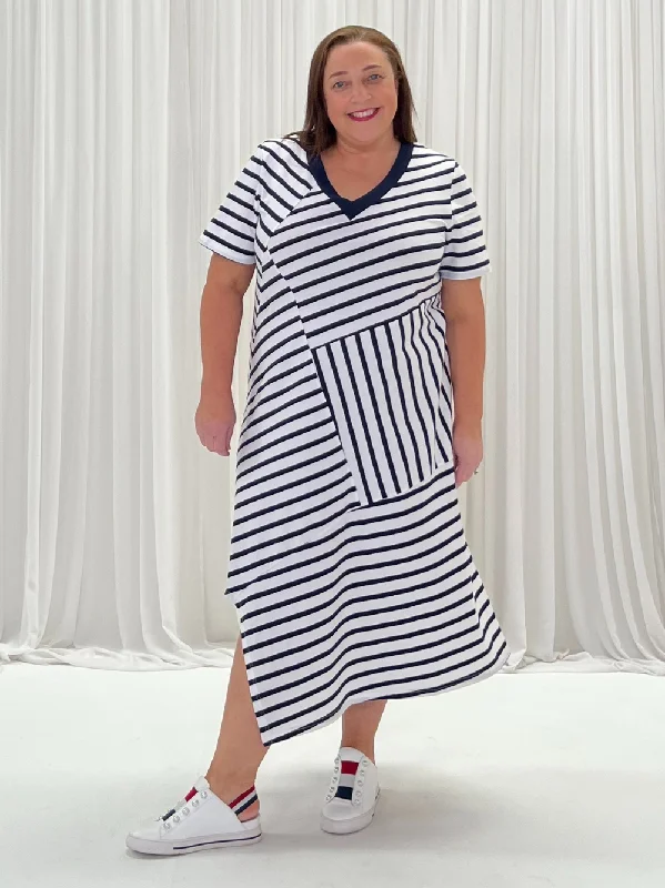 Vice Versa Spliced Dress - Navy/White Tunics Fleece cozy