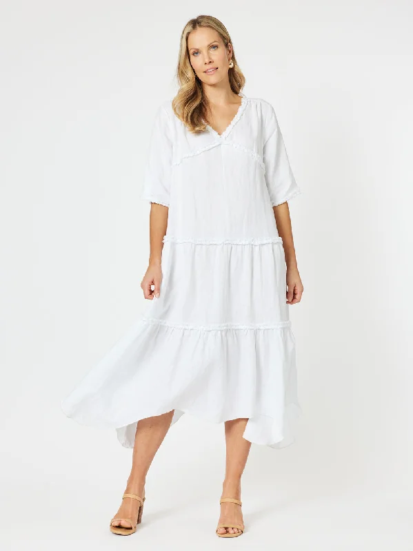 Fringed Linen Dress - White Tunics Recommended stylist
