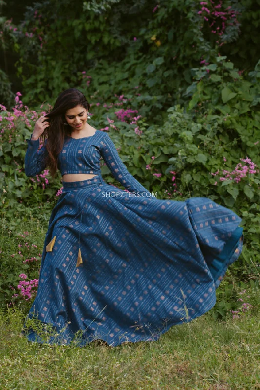 Blue Cotton Lotus Zari Croptop & Skirt asymmetrical skirt cut