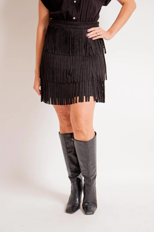Black Suede Fringe Tiered Skirt corduroy skirt durable