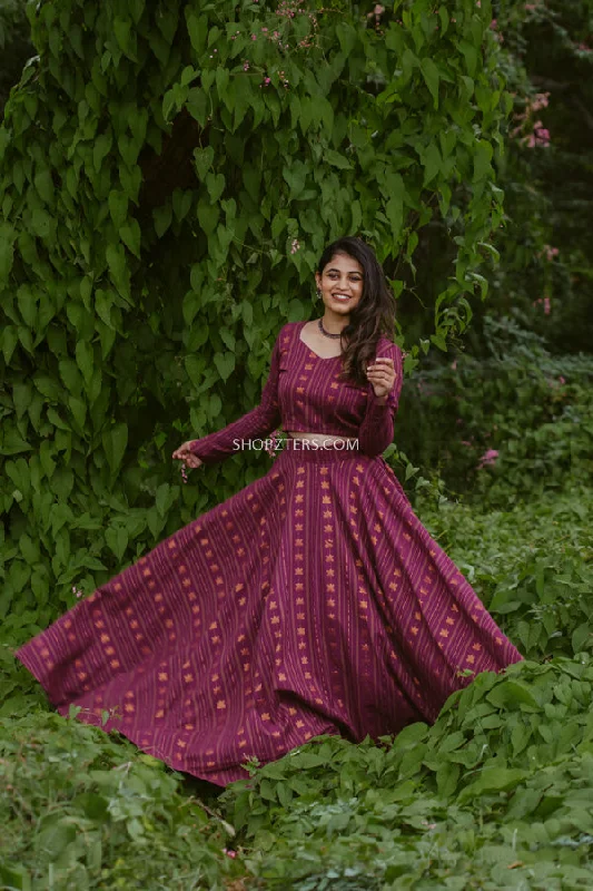 Purple Cotton Lotus Zari Croptop and Skirt high slit skirt