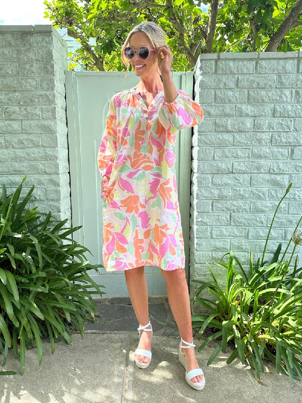 Florida Keys Floral Dress - Pink Multi Square Neckline Feminine