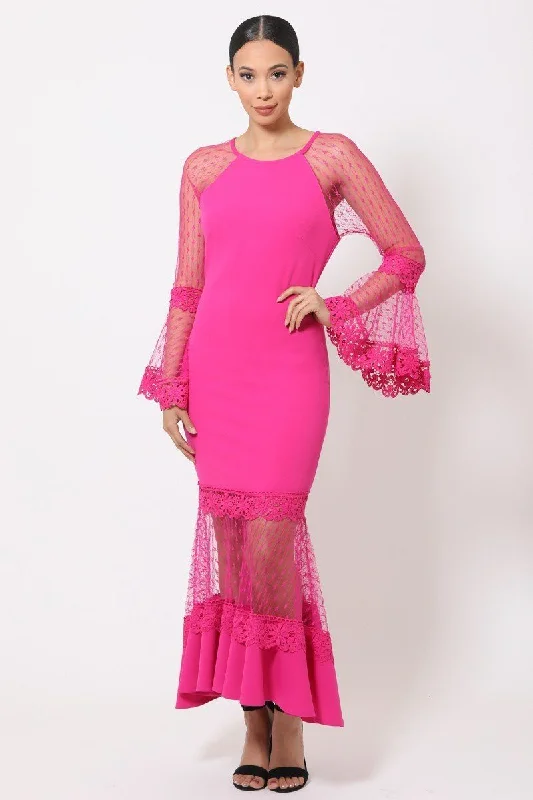 Bell Sleeve Mesh Combined Fashion Long Dress Tunics Essential wardrobe