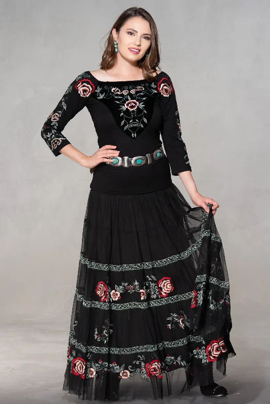 Black Embroidered Broom Skirt flowy skirt hem