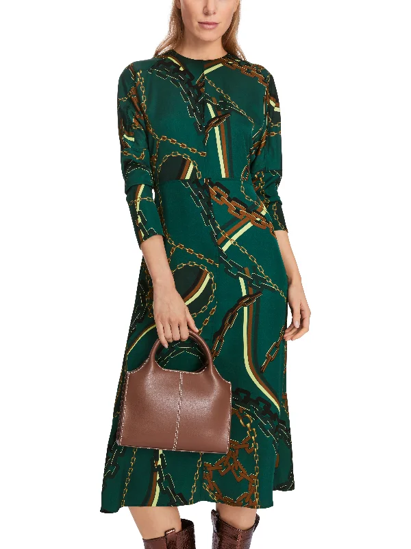 MARC CAIN Green Chain Print Long Dress Halter Neckline Beach