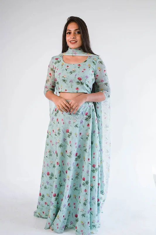 Green Printed Georgette Skirt with Dupatta boho skirt vibe