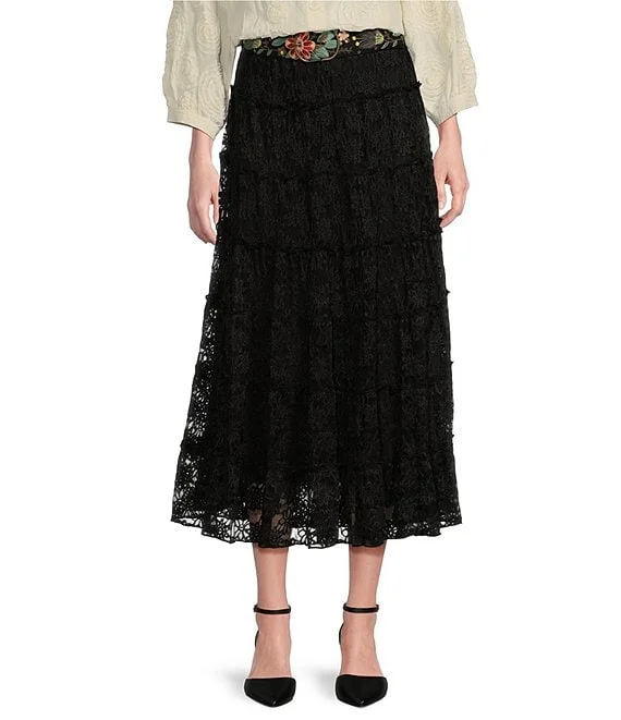 Black Lace Tiered Skirt w/ Belt button skirt front