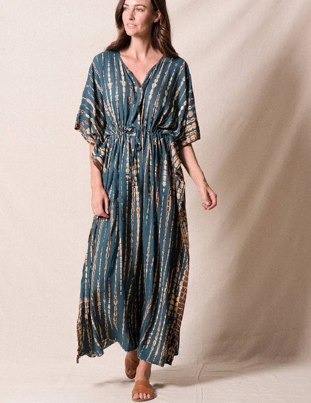 Tie-Dye Shibori Kaftan Dress - Teal Tunics stripes playful