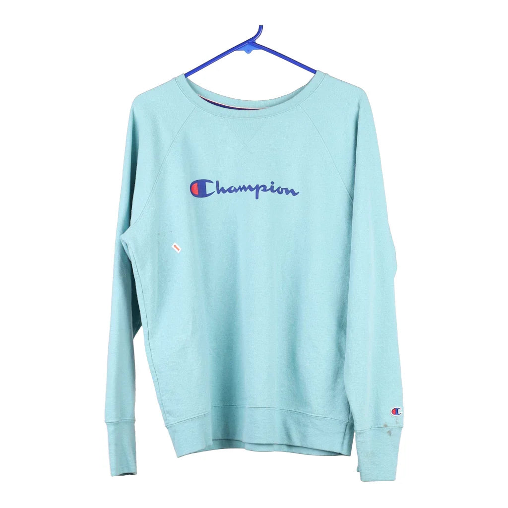 Champion Sweatshirt - Large Blue Cotton Blend Hoodie with Hem Embroidery Detailed Premium