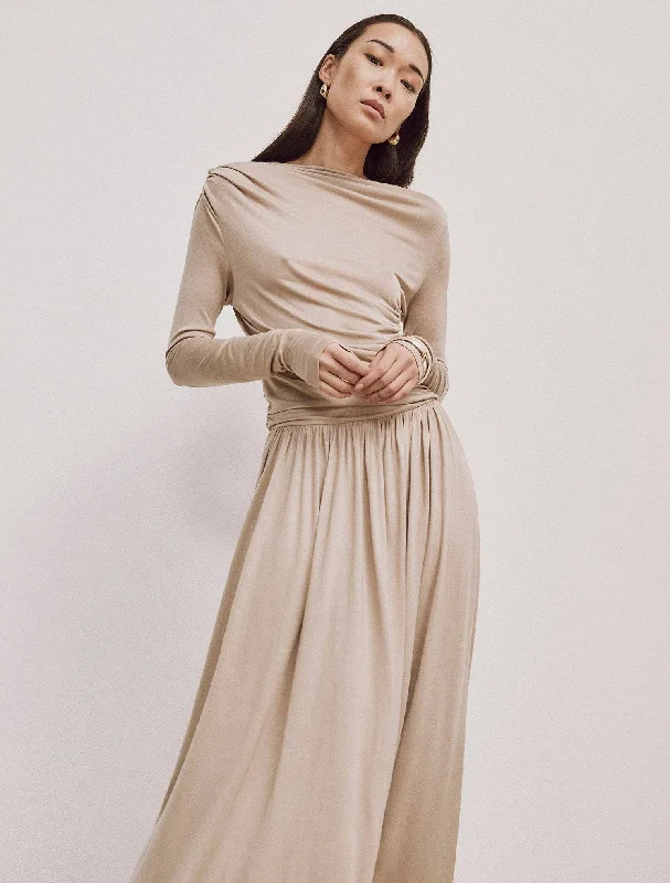 Romy Long Sleeve Draped Dress in Taupe Tunics Chic fashionable