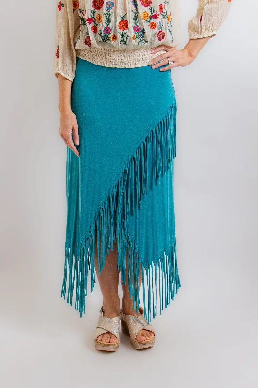 Turquoise Asymmetrical Fringe Skirt corduroy skirt cozy