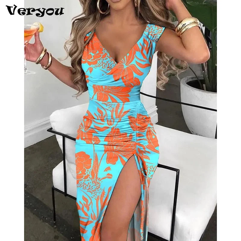 Summer V-Neck Vintage Flower Print Dress Tunics Favorite customer
