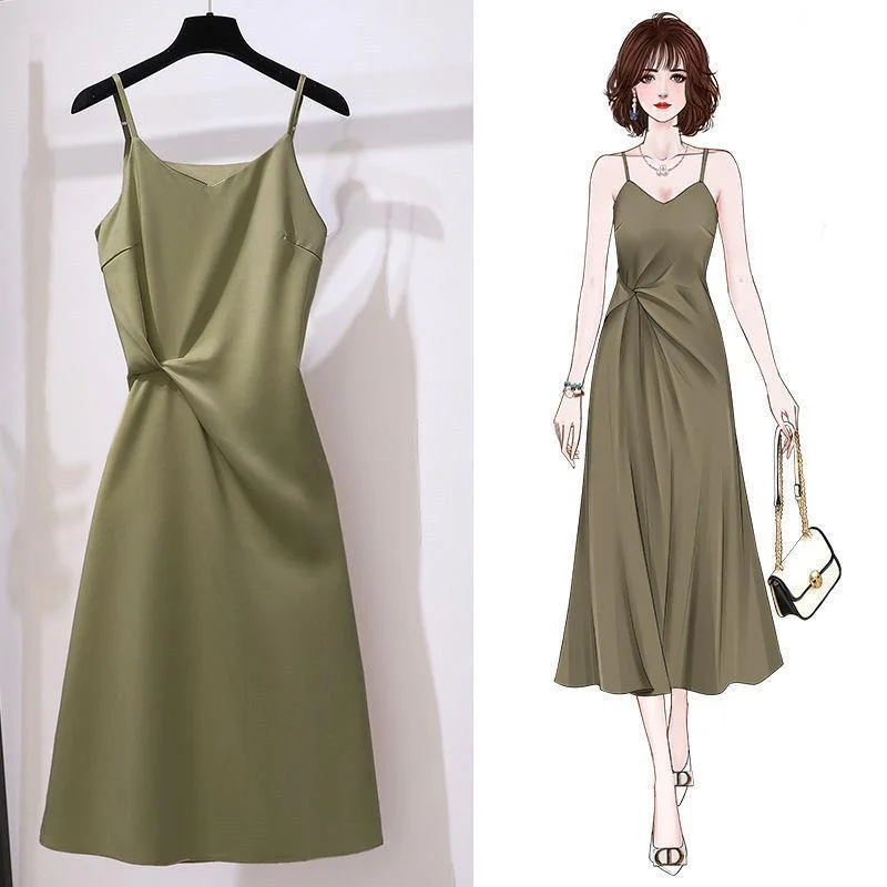 Women's Avocado Green Suspender Dress Tunics Luxurious high-end