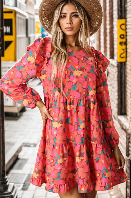 Crystal Printed Ruffle Trim Balloon Sleeve Tiered Dress A-Line Day Work