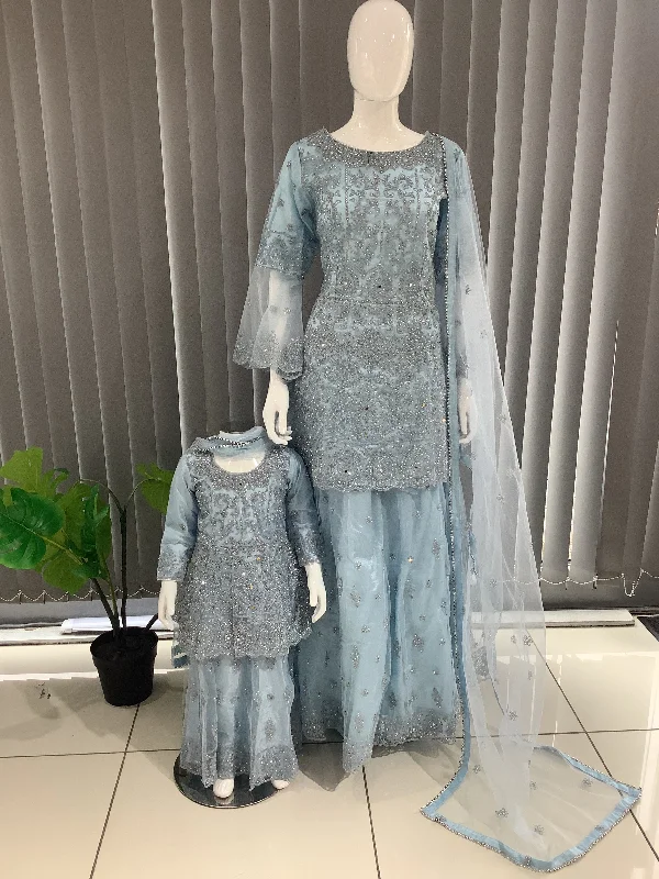 ASHA | Embroidered Hand Work dress Mother & Daughter Ready To Wear  Light Blue| AS70 Tunics Canvas sturdy