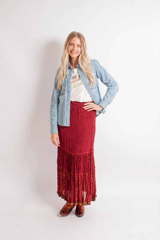 Burgundy Embroidered Georgette Skirt silk skirt elegant