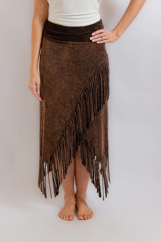 Brown Asymmetrical Fringe Skirt denim skirt casual