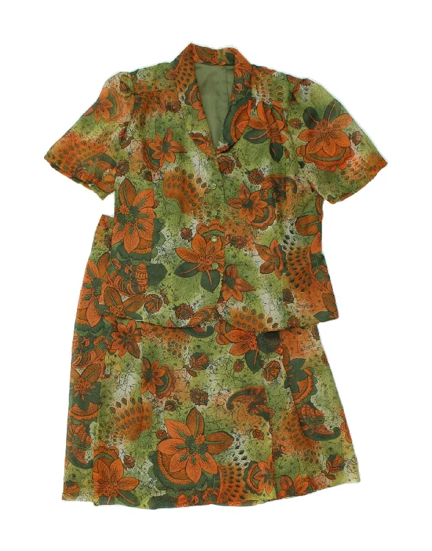 VINTAGE Womens 2 Piece Skirt Set UK 14 Medium W30 Green Floral elastic waist skirt