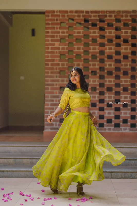 Lime Green Organza Skirt & Tissue Silk Croptop floral skirt print