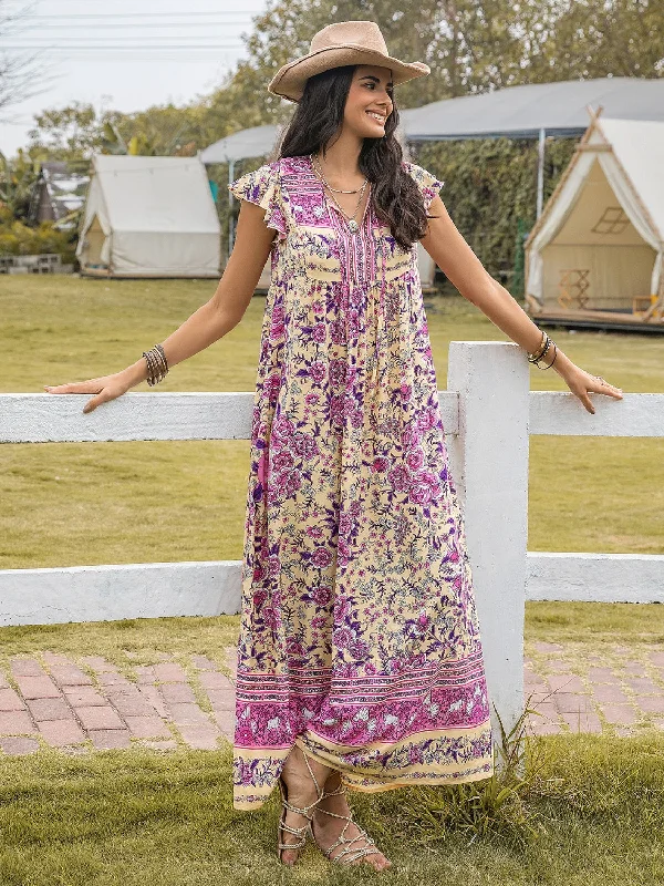 Monica Ruffled Printed Tie Neck Cap Sleeve Dress Cowl Neckline Elegant