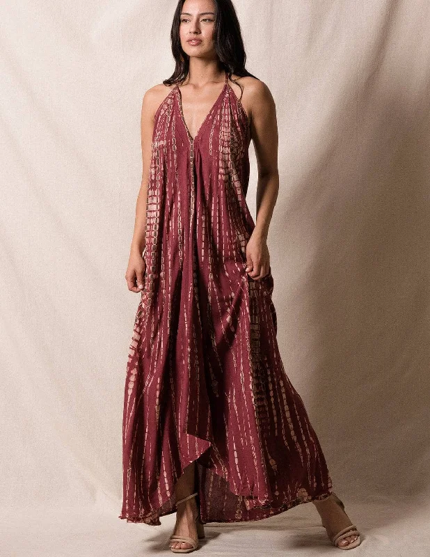Shibori Halter Dress - Burgundy Tunics Print Colorful