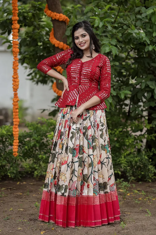 Red Creamy Kalamkari Embroidery Croptop & Skirt button skirt front