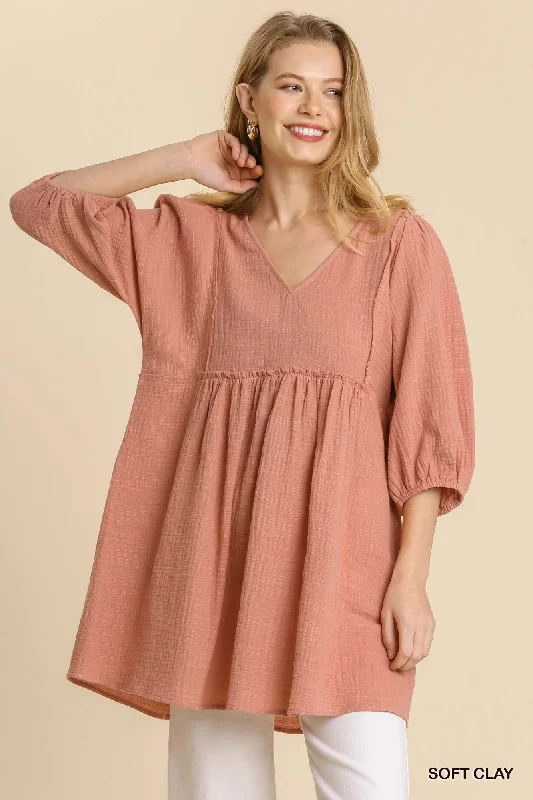 Gauze Slub V-neck Frayed Edge Detail Tunic Dress Tunics Chic fashionable