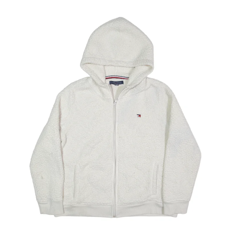 TOMMY HILFIGER Fleece Hoodie White Full Zip Womens L Hoodie with Raw Hem Edgy Unfinished