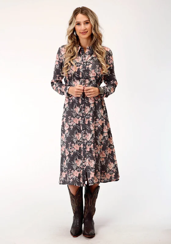 Roper Womens Coral Floral Grey Rayon/Nylon L/S Dress S Tunics Leisure comfortable