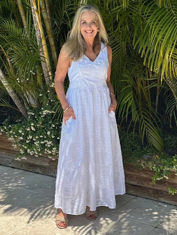 Mila Cotton Broderie Dress - White Cowl Neckline Elegant