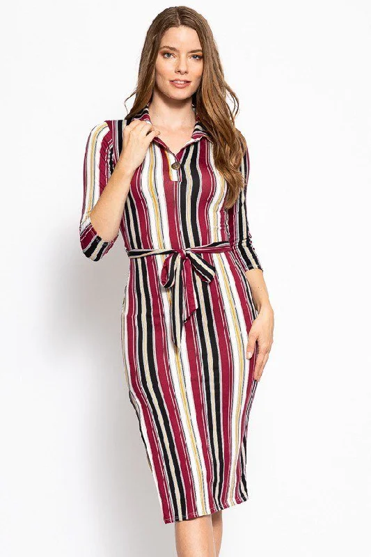 Stripes Print, Midi Tee Dress With 3/4 Sleeves, Collared V Neckline, Decorative Button, Matching Belt And A Side Slit Tunics Short Trendy