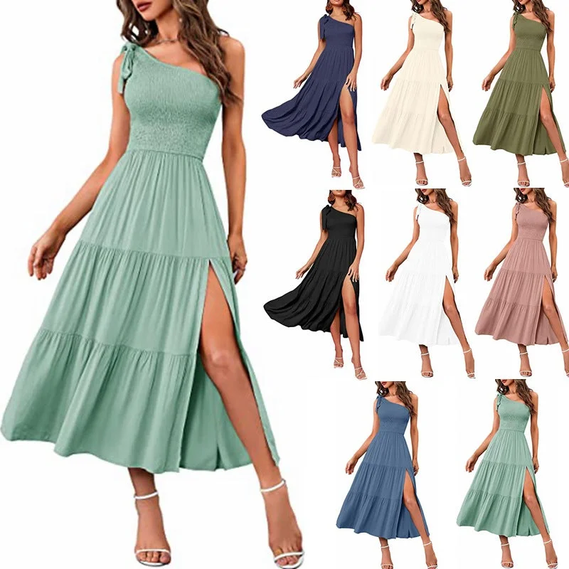 One Shoulder Pleated Layered Hem Split Dress Tunics Practical easy-care