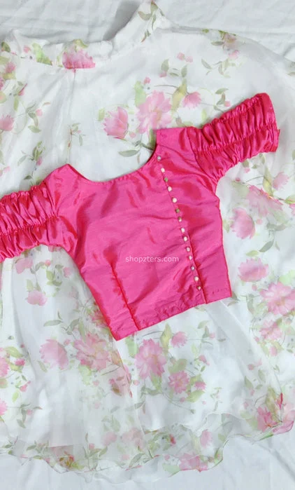 Pink Art Silk top with Floral Organza Skirt elastic waist skirt