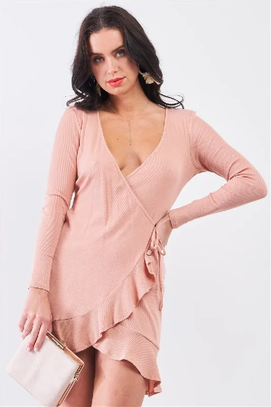 Tan Blush Ribbed Deep Plunge V-neck Asymmetrical Wrap Flare Hem Dress Tunics Sophisticated sleek