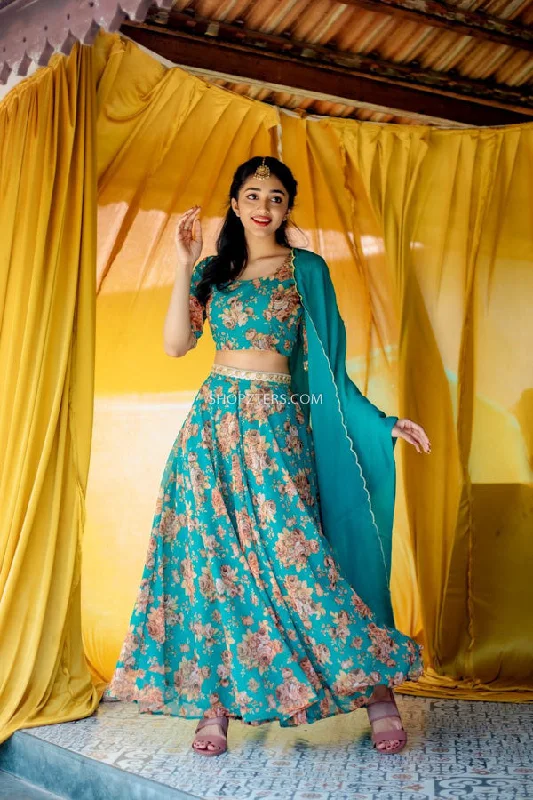 Sea Green Georgette Croptop & Skirt with Dupatta belted skirt waist